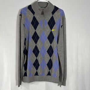 Masters Collection Sweater Argyle 1/4 Zip Merino Wool Grey Mens Large